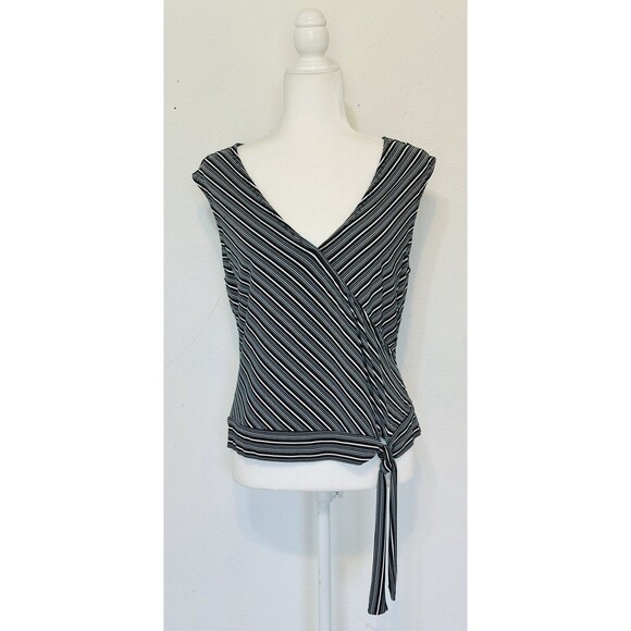 Ann Taylor Loft Women Size L Sleeveless Side Tie Striped Blouse Career Feminine - Picture 1 of 10